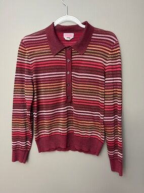 Kate Spade New York Burgundy Multi-Stripe Polo-Neck Long Sleeve Shirt - Size M